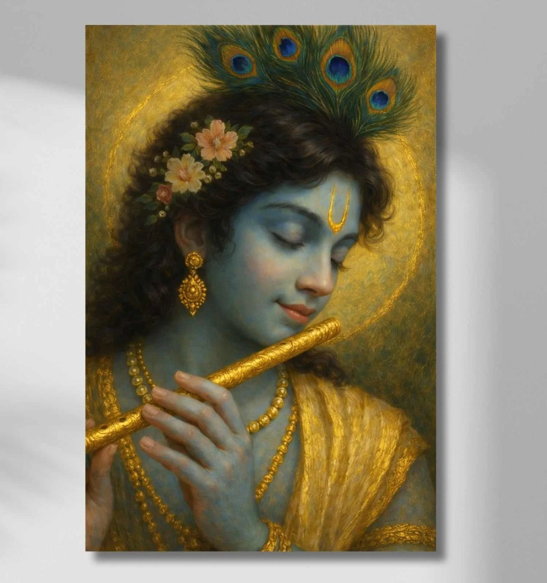KunjCart Premium Beautiful Krishna Painting on Canvas with Flute & Peacock Feather | Lord Krishna Canvas Painting for Bedroom Wall