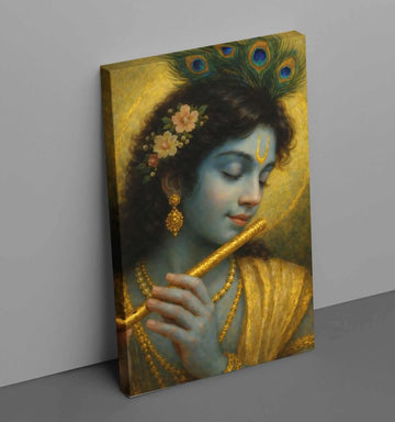 KunjCart Premium Beautiful Krishna Painting on Canvas with Flute & Peacock Feather | Lord Krishna Canvas Painting for Bedroom Wall
