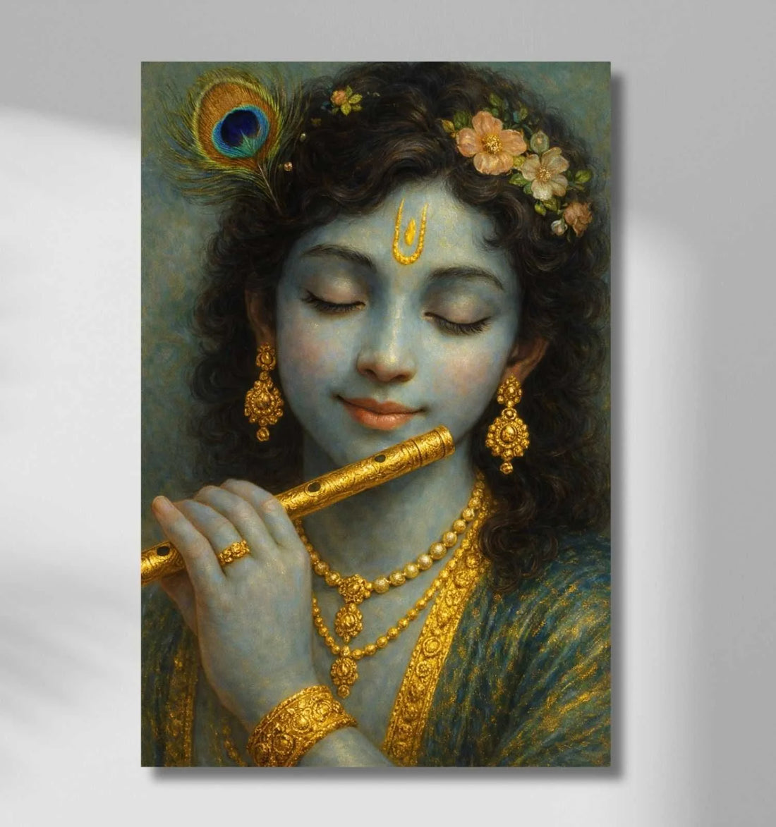 Modern Art Krishna Painting | Blue-Toned Sri Krishna Playing Flute with Peacock Feather & Floral Crown | HD Krishna Wall Painting