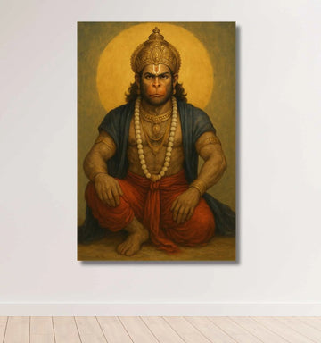 KUNJ CART – Lord Hanuman Canvas Wall Painting | Powerful Hanuman Canvas Wall Art with Golden Aura & Meditation Pose for Home & Office Decor
