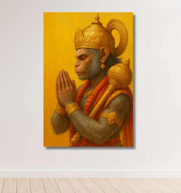 KUNJ CART – Lord Hanuman Painting in Pranam Pose | Golden Aura Hanuman Painting for Wall | Spiritual Hanuman Oil Painting on Canvas