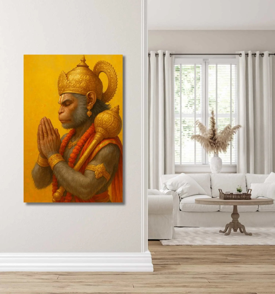 KUNJ CART – Lord Hanuman Painting in Pranam Pose | Golden Aura Hanuman Painting for Wall | Spiritual Hanuman Oil Painting on Canvas