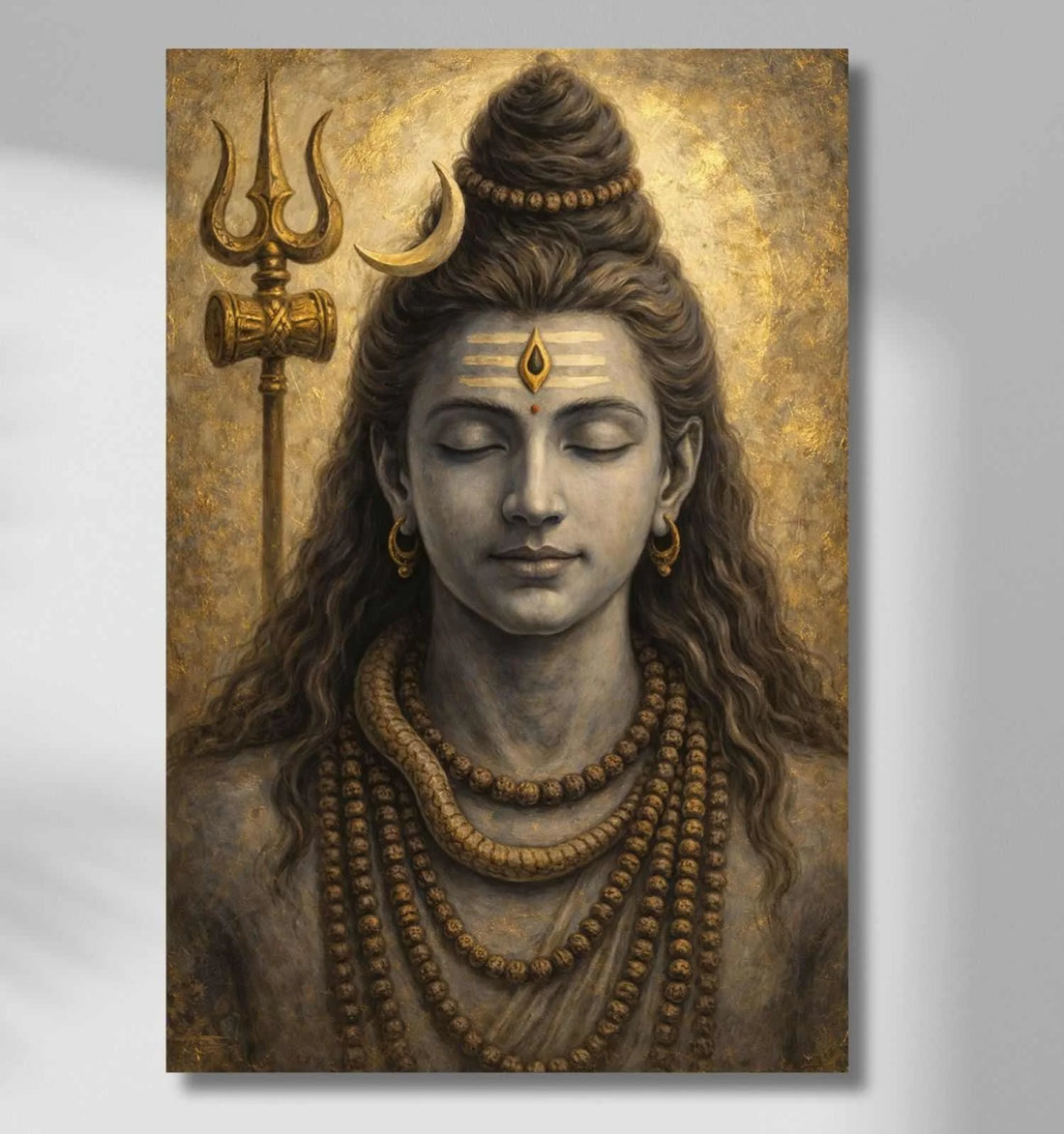 Lord Shiva Painting on Canvas | Meditative Mahadev Wall Art with Trishul, Moon & Snake | Shiva Abstract Painting