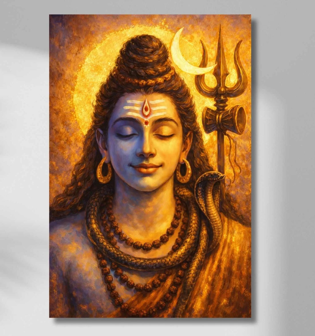 Lord Shiva Wall Painting on Canvas | Vibrant Blue-Orange Abstract Art with Crescent Moon, Trishul & Snake | Shiva Painting Gift for Home & Office Decor
