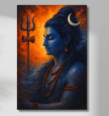 Lord Shiva Painting on Canvas | Mahadev Wall Art with Trishul and Crescent Moon in Fiery Abstract Theme | Spiritual Wall Deco