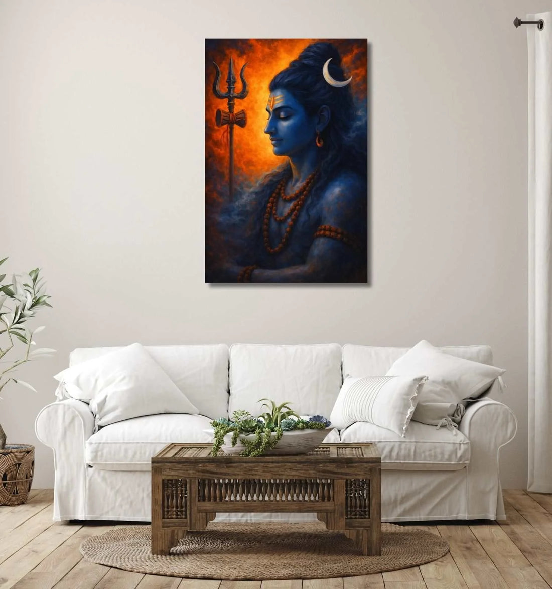 Lord Shiva Painting on Canvas | Mahadev Wall Art with Trishul and Crescent Moon in Fiery Abstract Theme | Spiritual Wall Deco