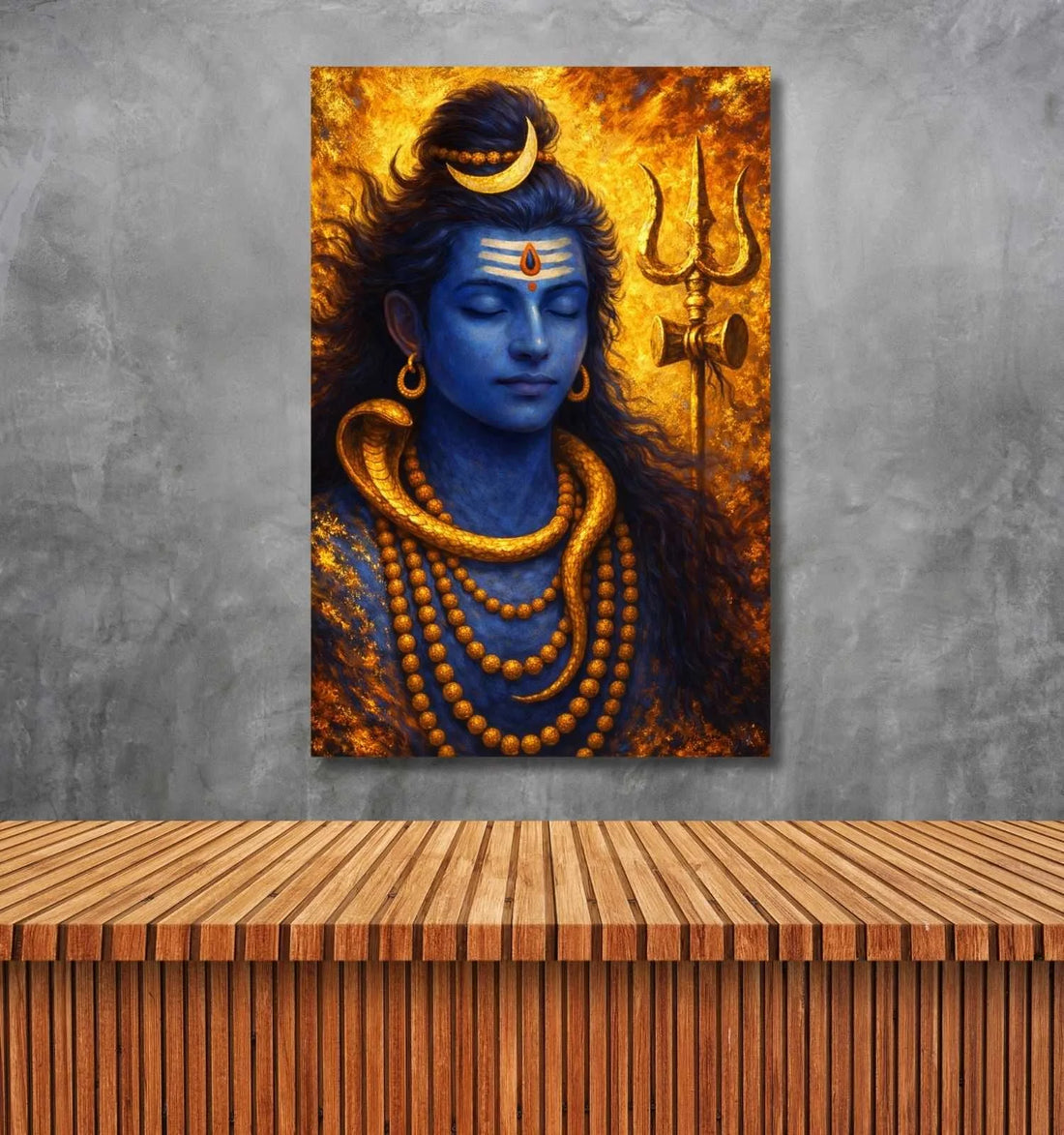Lord Shiva Wall Painting on Canvas | Vibrant Blue & Orange Abstract Artwork with Trishul & Crescent Moon | Shiva Abstract Painting For Home & Office