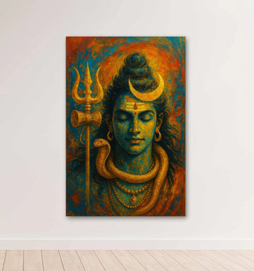 Lord Shiva Painting on Canvas | Mahadev Wall Art in Meditation with Trishul, Crescent Moon & Snake | Shiva Abstract Painting