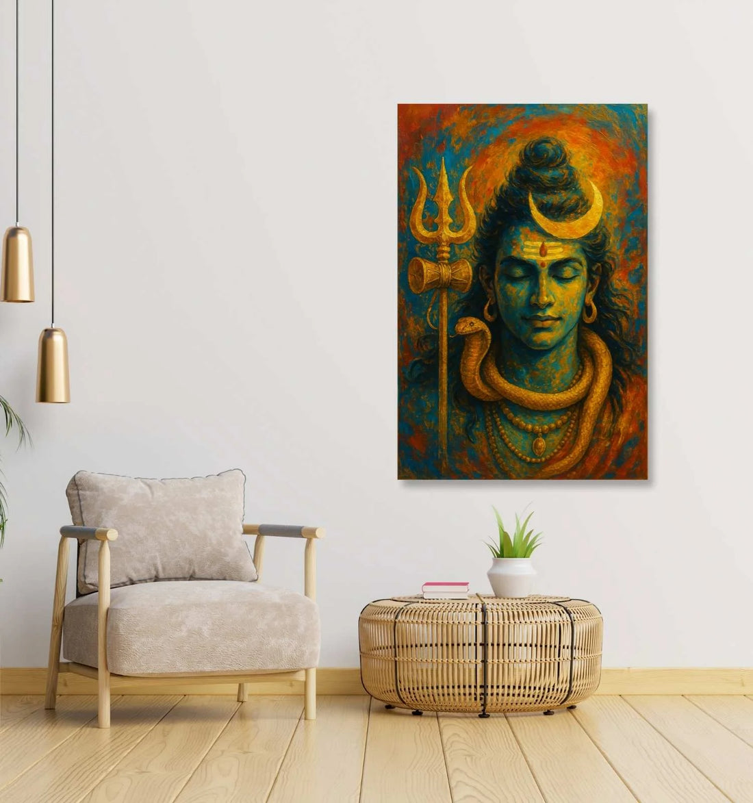 Lord Shiva Painting on Canvas | Mahadev Wall Art in Meditation with Trishul, Crescent Moon & Snake | Shiva Abstract Painting