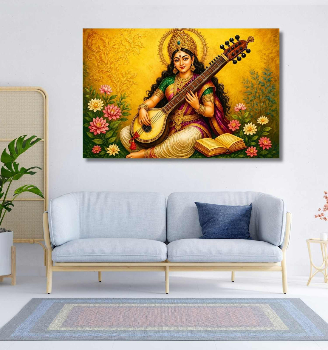 KUNJ CART – Maa Saraswati Abstract Painting on Canvas | Divine Goddess Saraswati Painting with Veena, Book and Lotus Flowers