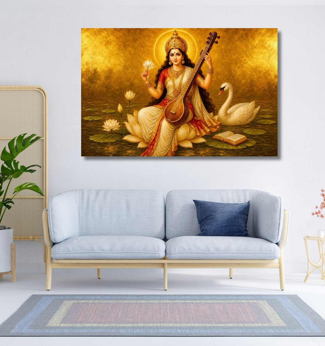 Modern Saraswati Painting On Canvas With Lotus & Swan | Divine Goddess Saraswati Devi Painting For Wall Decor