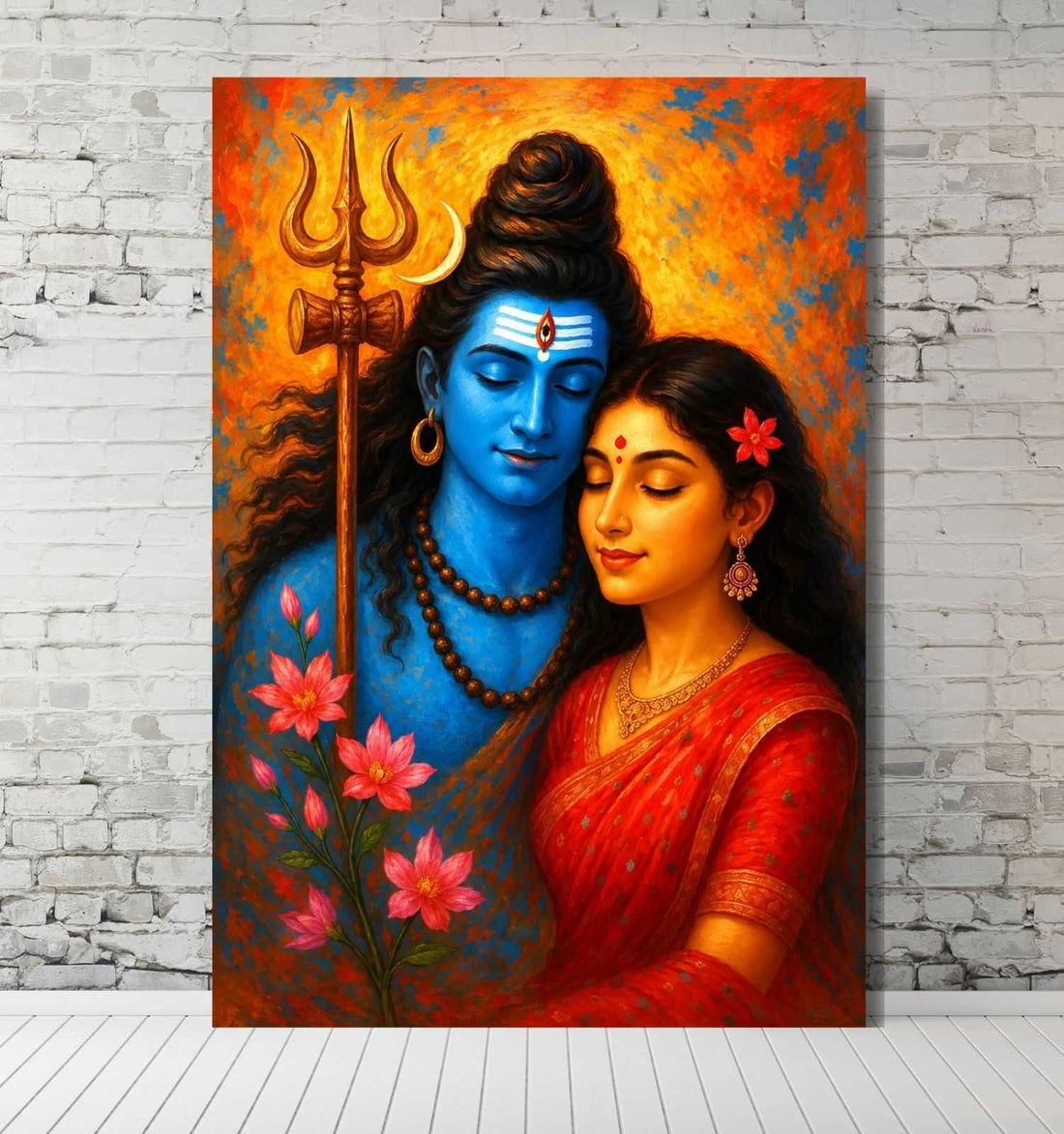 Lord Shiva Parvat Wall Art | Paintings of Lord Shiva and Parvati for Wall Decoration | Mahadev Wall Art with Bright HD Colors & Handmade Look