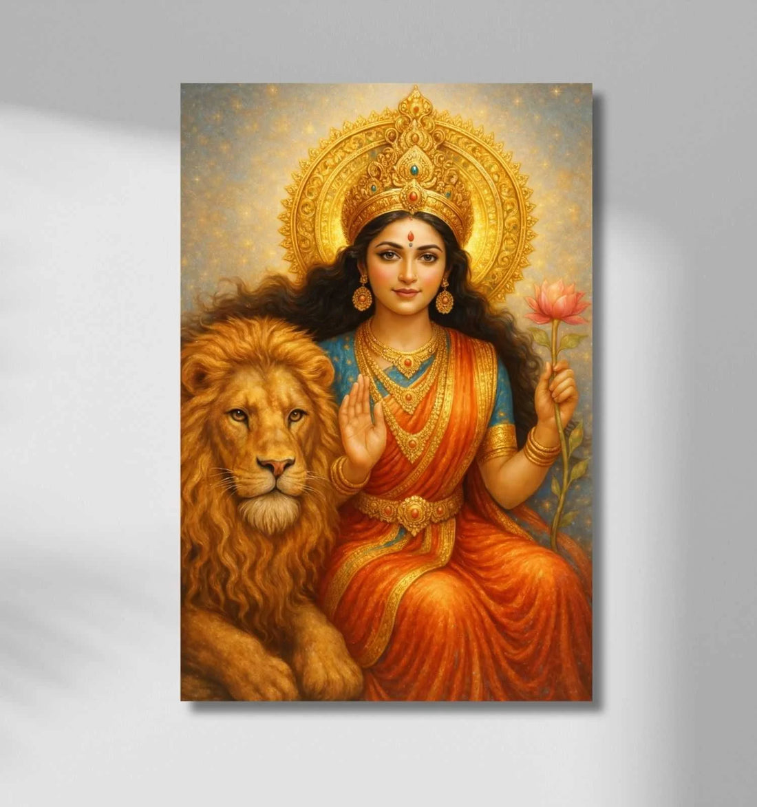 Durga Maa Painting | Maa Durga Painting on Canvas with Lotus, Lion & Blue-Golden Sky | HD Spiritual Wall Art for Home/Office