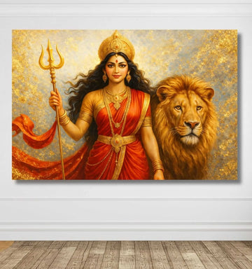 Durga Canvas Painting | Traditional Abstract Maa Durga Painting on Canvas with Red & Golden Tones, Trishul Element, HD Quality, Perfect for Spiritual Wall Décor