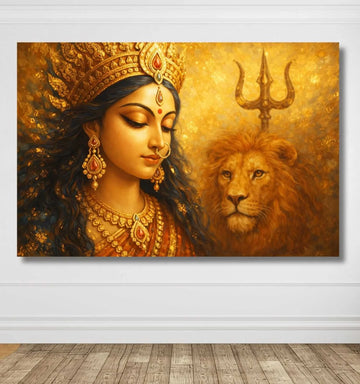 Durga Canvas Painting | Abstract Style Maa Durga Close-Up with Lion and Trishul in Golden Aura