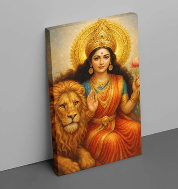 Durga Maa Painting | Maa Durga Painting on Canvas with Lotus, Lion & Blue-Golden Sky | HD Spiritual Wall Art for Home/Office