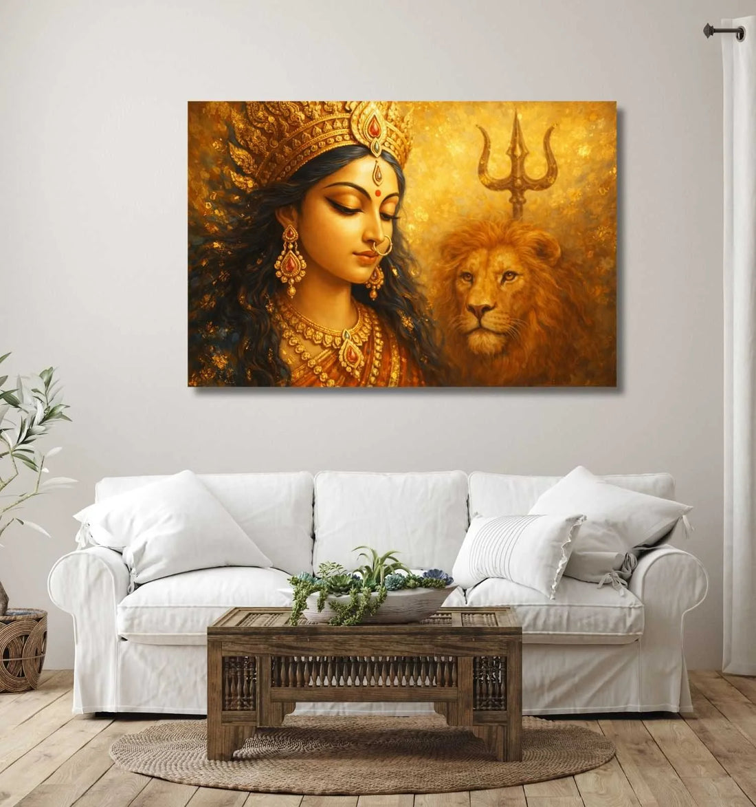 Durga Canvas Painting | Abstract Style Maa Durga Close-Up with Lion and Trishul in Golden Aura