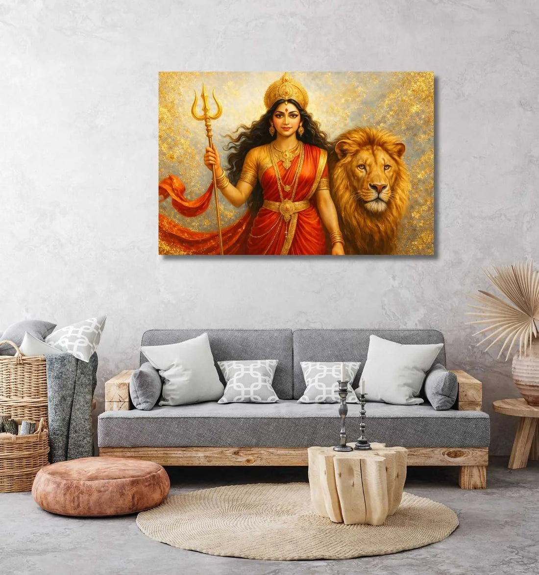 Durga Canvas Painting | Traditional Abstract Maa Durga Painting on Canvas with Red & Golden Tones, Trishul Element, HD Quality, Perfect for Spiritual Wall Décor