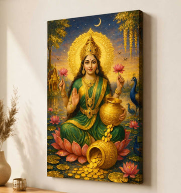 Lakshmi Maa Painting on HD Canvas | Sunset Theme with Gold Coins, Lotus & Temple Background | Goddess Lakshmi Paintings