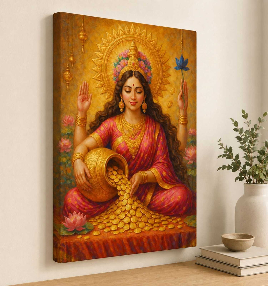 Goddess Lakshmi Paintings on Premium Canvas | Lakshmi Maa Painting with Gold Coins, Divine Lotus & Radiant Background | Handmade Look
