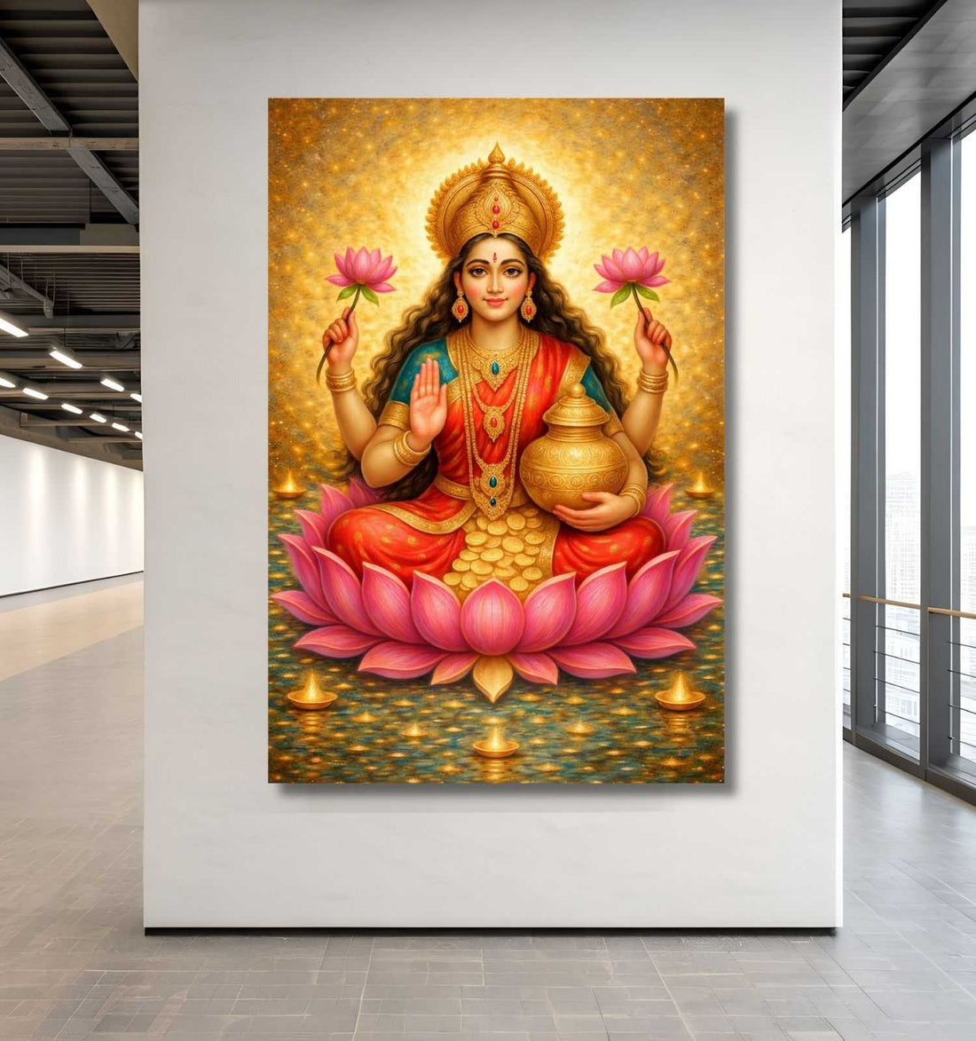Lakshmi Maa Painting on HD Canvas | Golden Aura, Lotus & Coins Theme | lakshmi devi photo frames