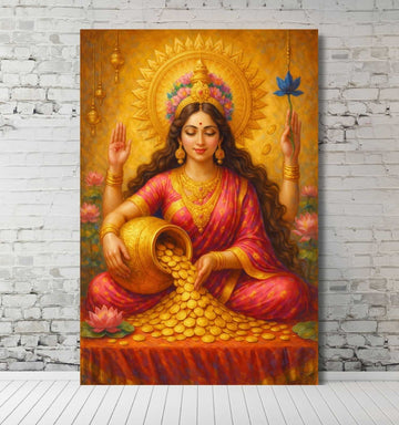 Goddess Lakshmi Paintings on Premium Canvas | Lakshmi Maa Painting with Gold Coins, Divine Lotus & Radiant Background | Handmade Look