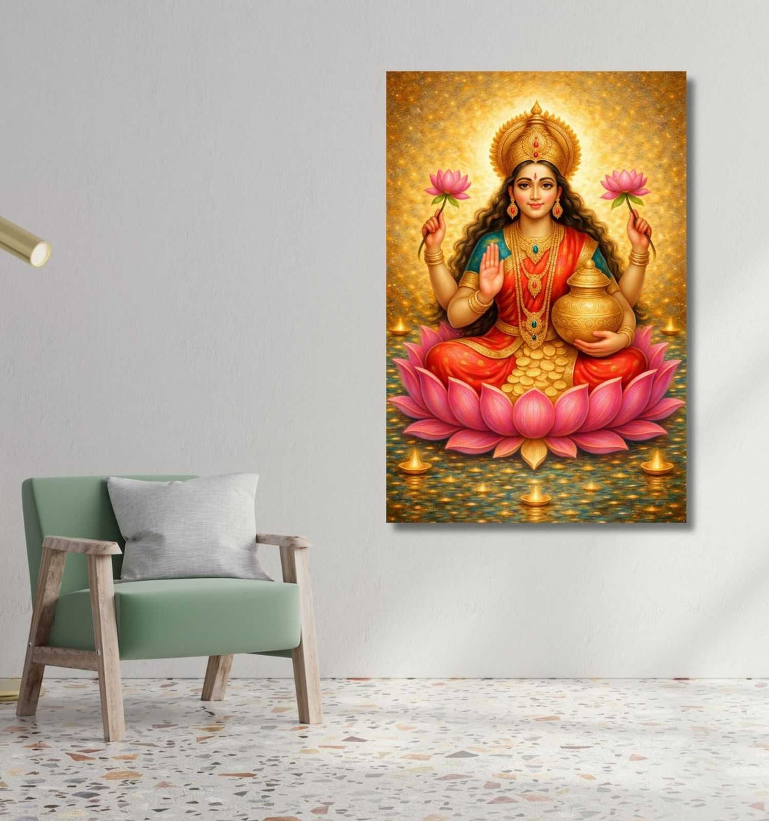 Maa Painting on Canvas | Glowing Background, Lotus & Coins Artwork | lakshmi devi photo frames | Handmade-Look