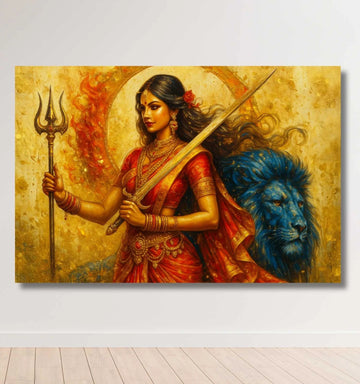 Durga Abstract Painting | Red Saree Durga Maa Painting with Sword, Trishul & Blue Lion