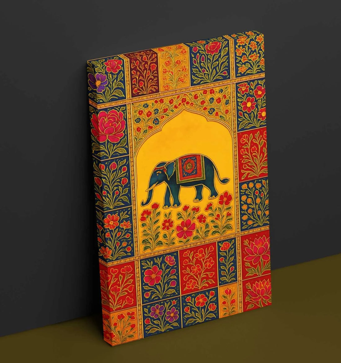 KUNJ CART – Mughal Paintings for Wall | Royal Elephant Mughal Painting with Yellow Floral Border