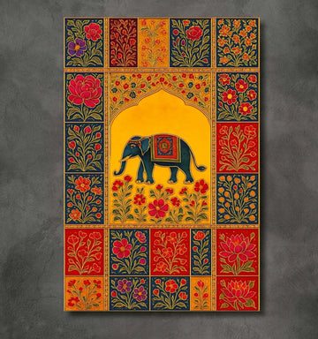 KUNJ CART – Mughal Paintings for Wall | Royal Elephant Mughal Painting with Yellow Floral Border