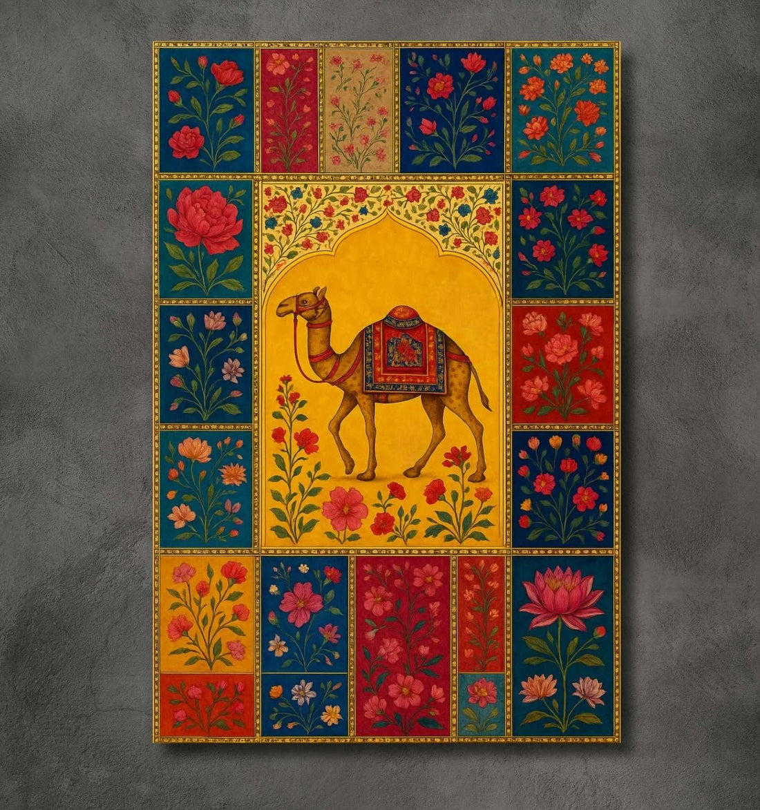 KUNJ CART – Royal Camel Mughal Painting with Floral Border in Yellow & Multicolor Design | Premium Canvas Wall Art