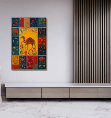 KUNJ CART – Royal Camel Mughal Painting with Floral Border in Yellow & Multicolor Design | Premium Canvas Wall Art