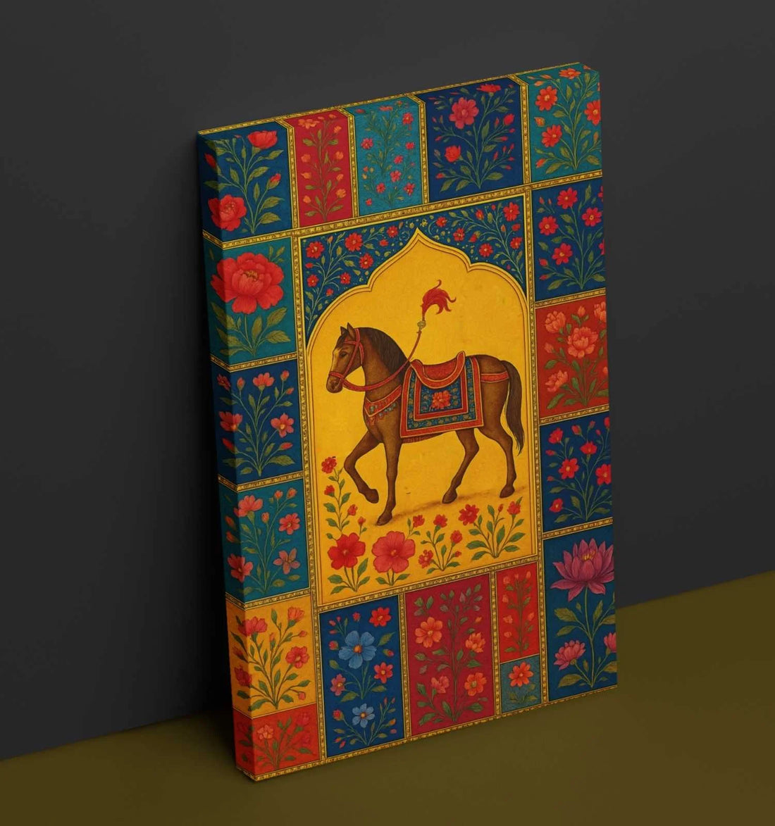 KUNJ CART – Horse Mughal Paintings for Wall | Traditional Mughal Painting of Royal Horse in Colorful Floral Border