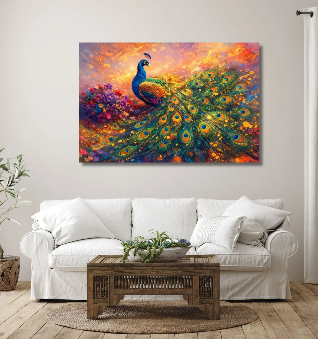 Dancing Peacock Painting on Canvas | HD Peacock Canvas Art with Bright Shining Colors | Vastu-Inspired Wall Decor for Home & Office