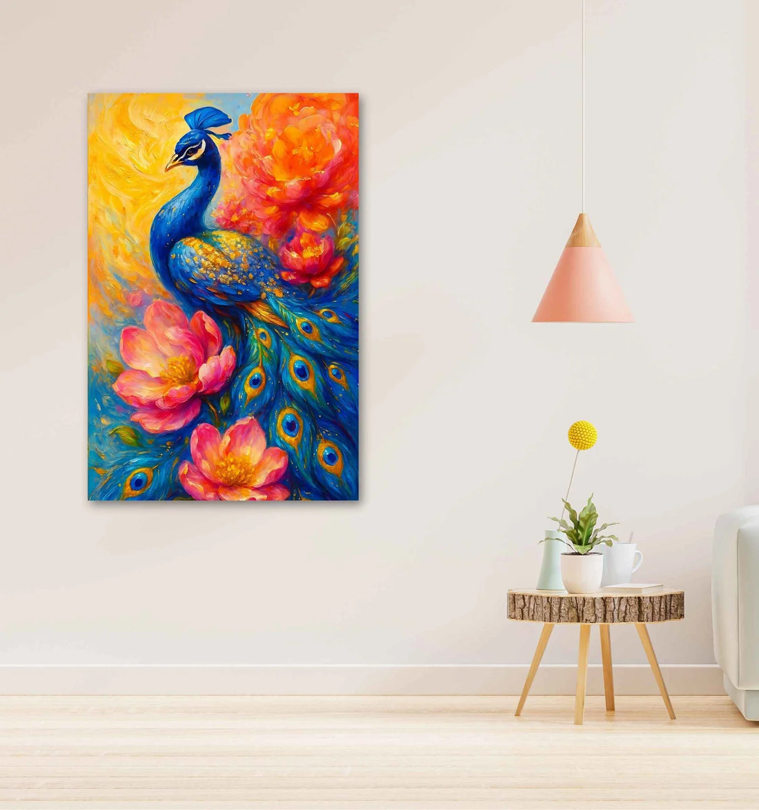 Vibrant Peacock Painting For Wall Vastu | HD Canvas Art with Pink Lotus & Golden Feathers | Dancing Peacock Painting
