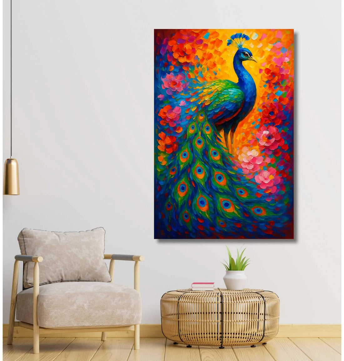 KunjCart Peacock Painting For Wall Vastu | Colorful Peacock Canvas Painting For Living Room | Dancing Peacock Painting In HD With Bright Festival Theme