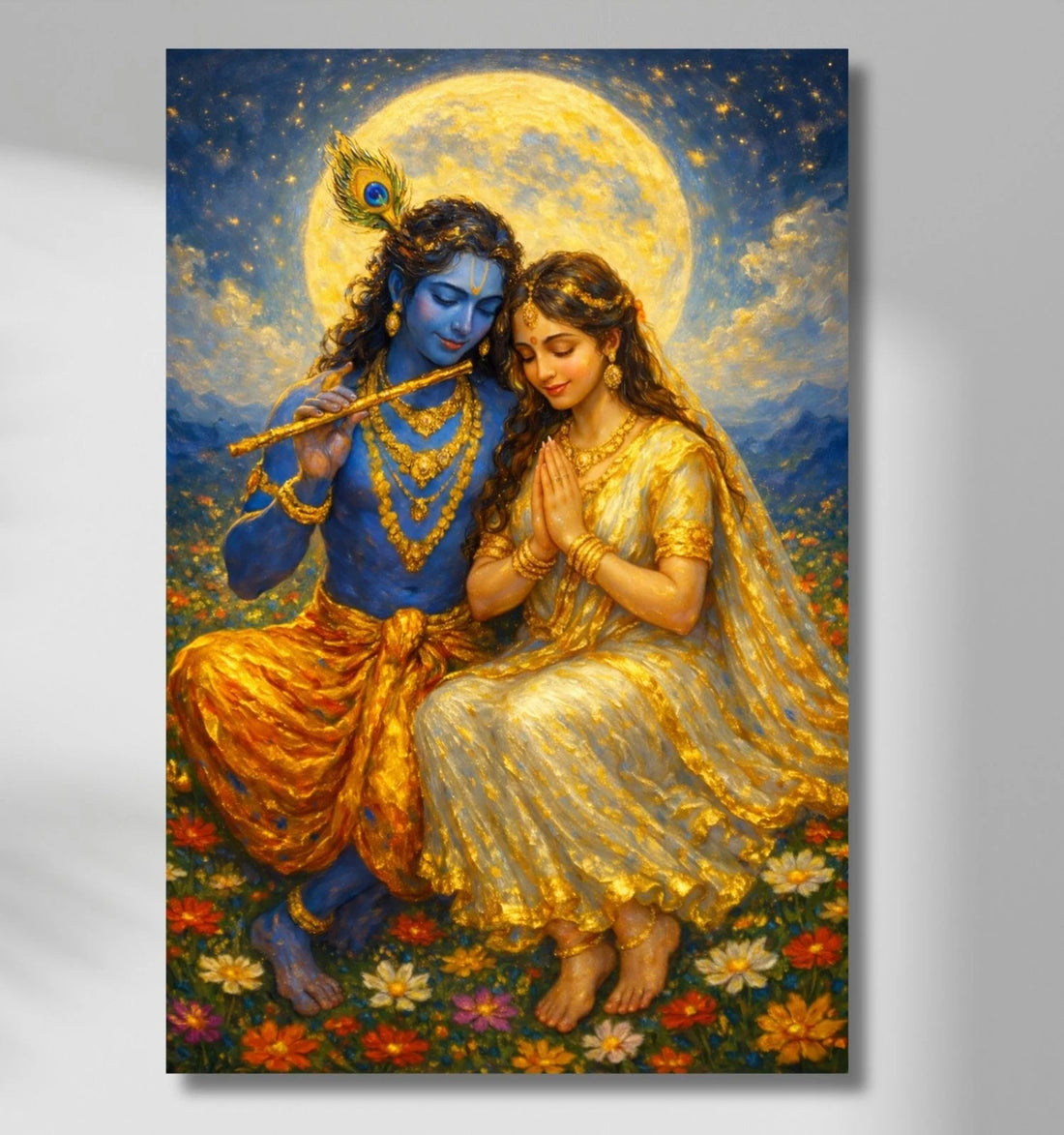 Romantic Radha Krishna Painting on Canvas | Beautiful Couple Sitting Under Full Moon with Flute & Lotus Flowers | Modern Art Radha Krishna Painting