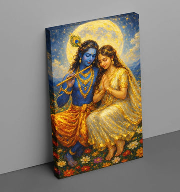 Romantic Radha Krishna Painting on Canvas | Beautiful Couple Sitting Under Full Moon with Flute & Lotus Flowers | Modern Art Radha Krishna Painting