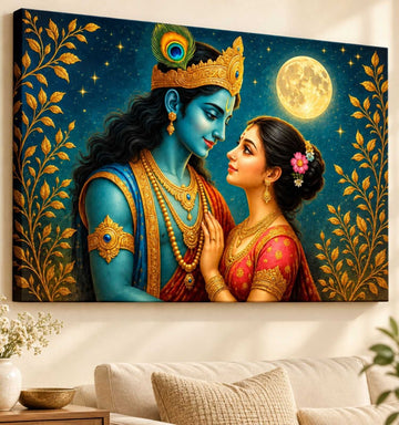 Kunj Cart – Beautiful Radha Krishna Painting | Romantic Radha Krishna Wall Painting with Full Moon & Golden Leaves – HD Canvas Art Print