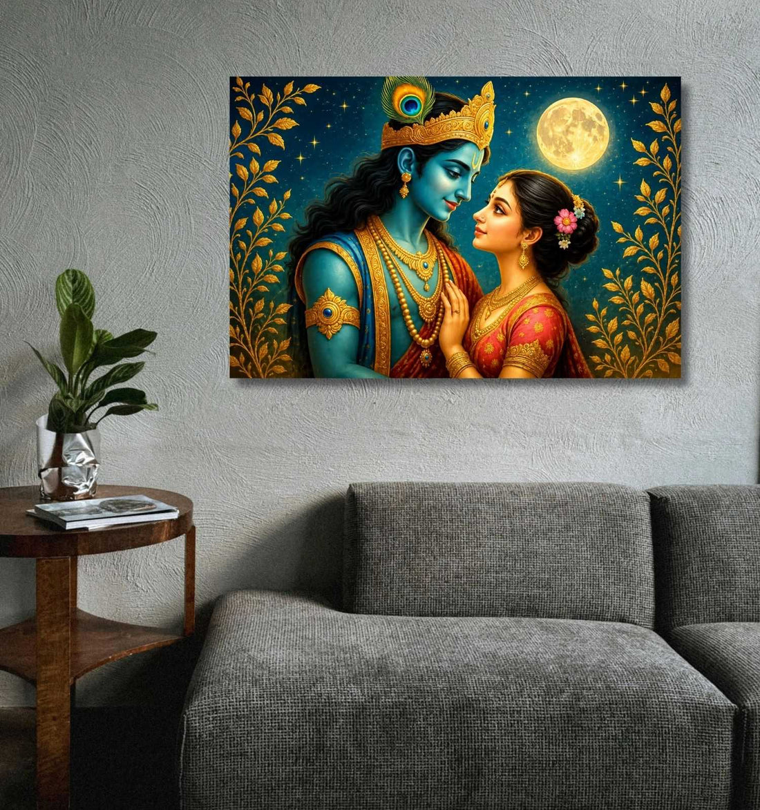 Kunj Cart – Beautiful Radha Krishna Painting | Romantic Radha Krishna Wall Painting with Full Moon & Golden Leaves – HD Canvas Art Print