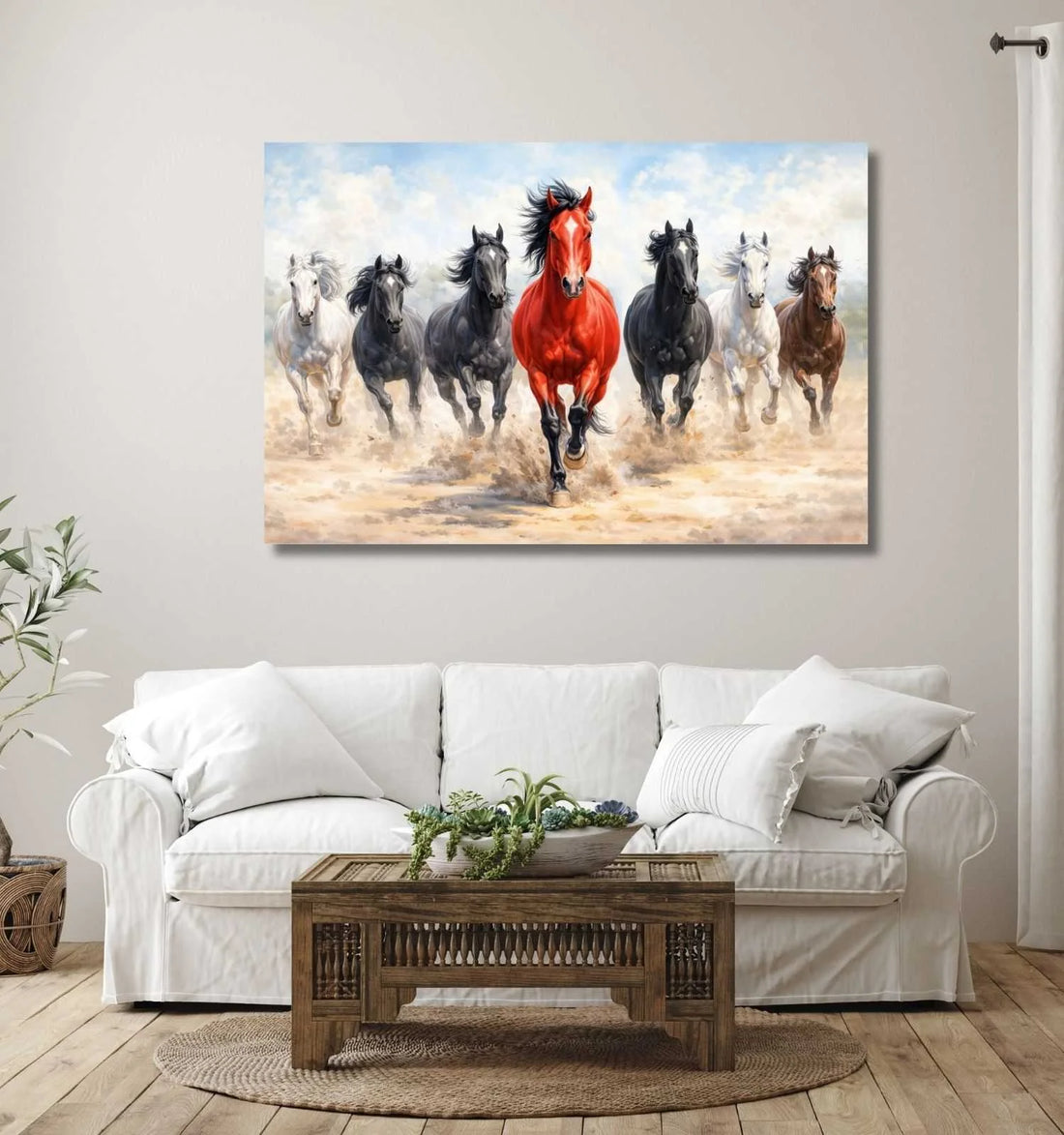 KunjCart running horse painting – 7 Running Horses Painting with Red Leader Horse, Dusty Desert Scene, 7 Horses Vastu Painting Canvas Wall Art