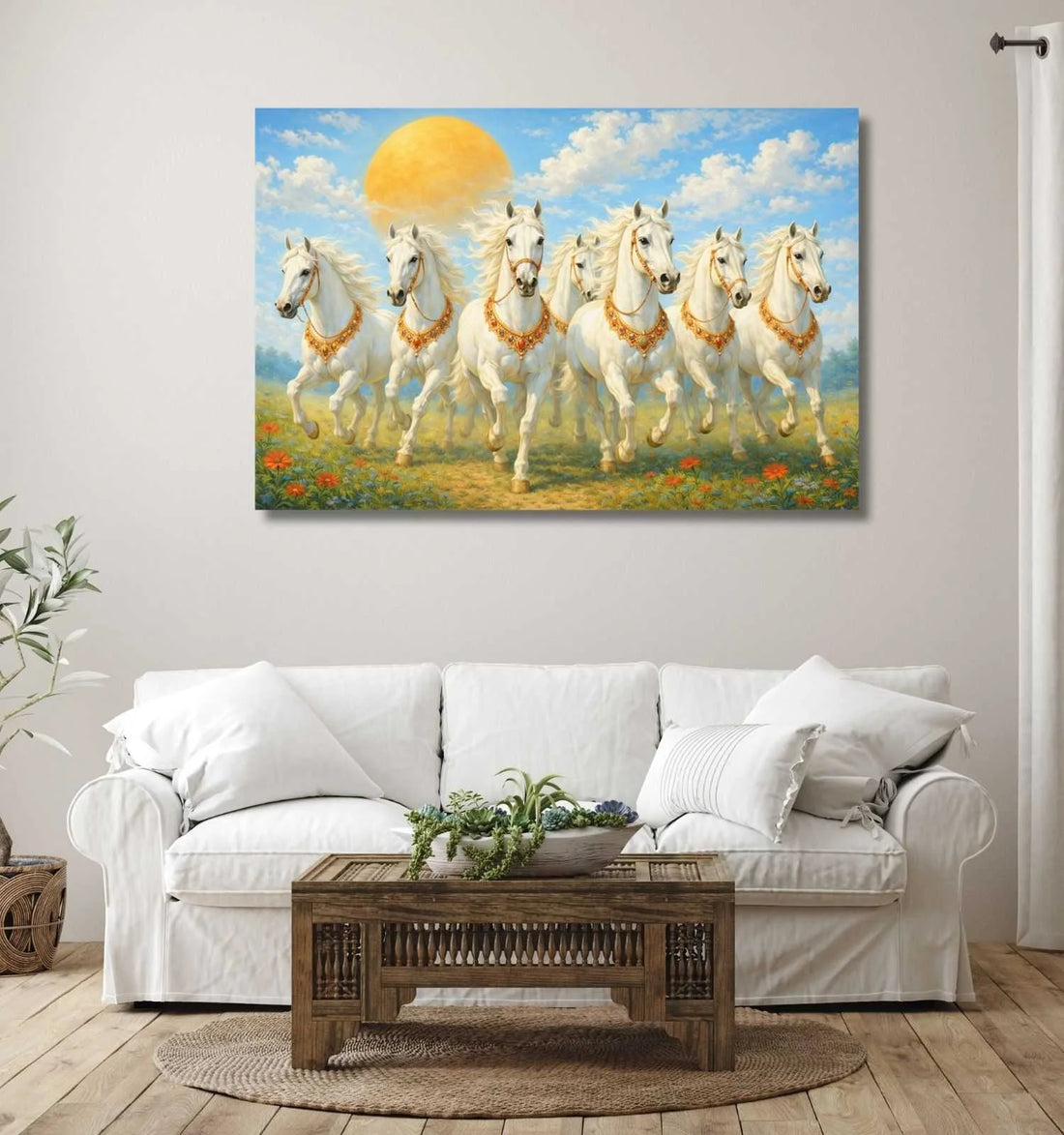 KunjCart running horse painting – Royal White 7 Running Horses Painting with Golden Ornaments & Shining Sun, 7 Horses Vastu Painting Canvas Wall Art