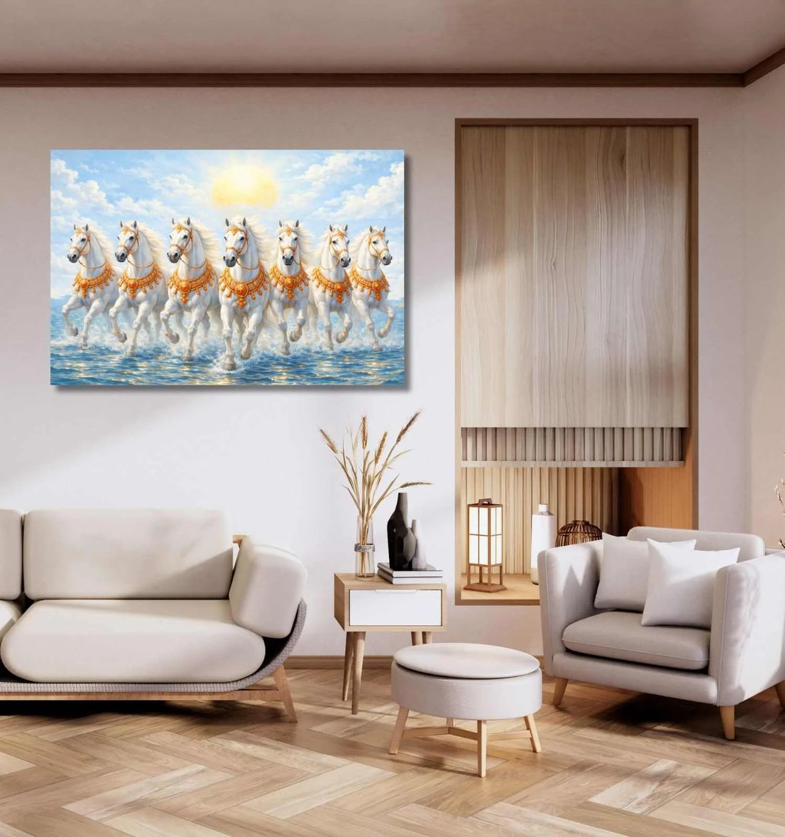 KunjCart running horse painting – Royal White 7 Running Horses Painting with Golden Harness & Shining Sun Sea Scene, 7 Horses Vastu Painting Canvas Art
