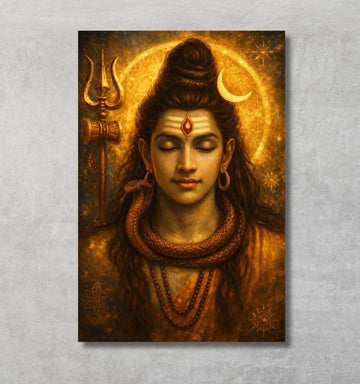Lord Shiva Painting on Canvas | Mahadev Wall Art in Abstract Dark Tones with Crescent Moon & Trishul | Spiritual Poster for Wall