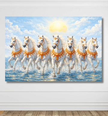 7 Horse Painting With Frame For Vastu White Horse Painting Ocean Waves Wall Decor KunjCart