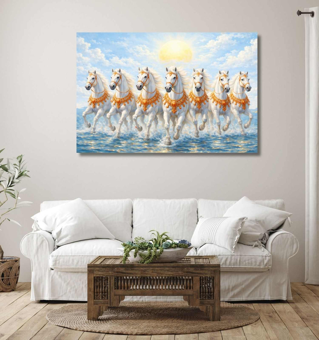 7 Horse Painting With Frame For Vastu White Horse Painting Ocean Waves Wall Decor KunjCart