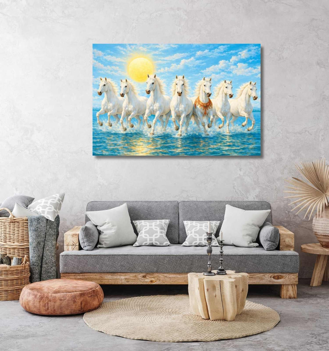 Horse Painting For Wall Decoration 7 Horses Painting With Sunrise Ocean Canvas Wall Decor KunjCart