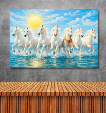 Horse Painting For Wall Decoration 7 Horses Painting With Sunrise Ocean Canvas Wall Decor KunjCart