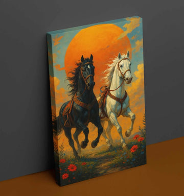 Two Horses Canvas Painting | Running Horse Canvas Wall Painting in Sunset