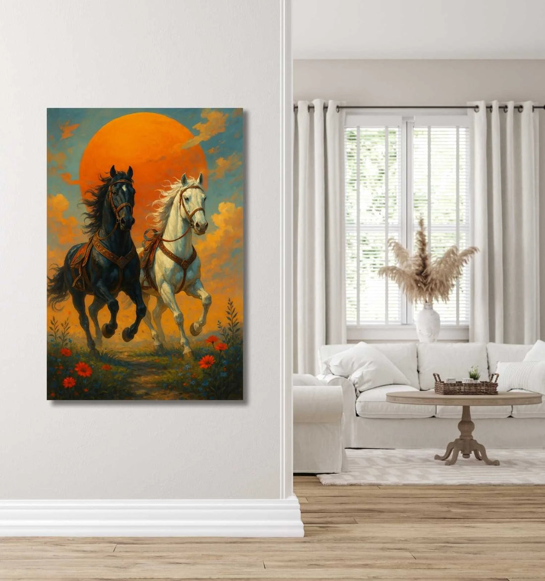 Two Horses Canvas Painting | Running Horse Canvas Wall Painting in Sunset